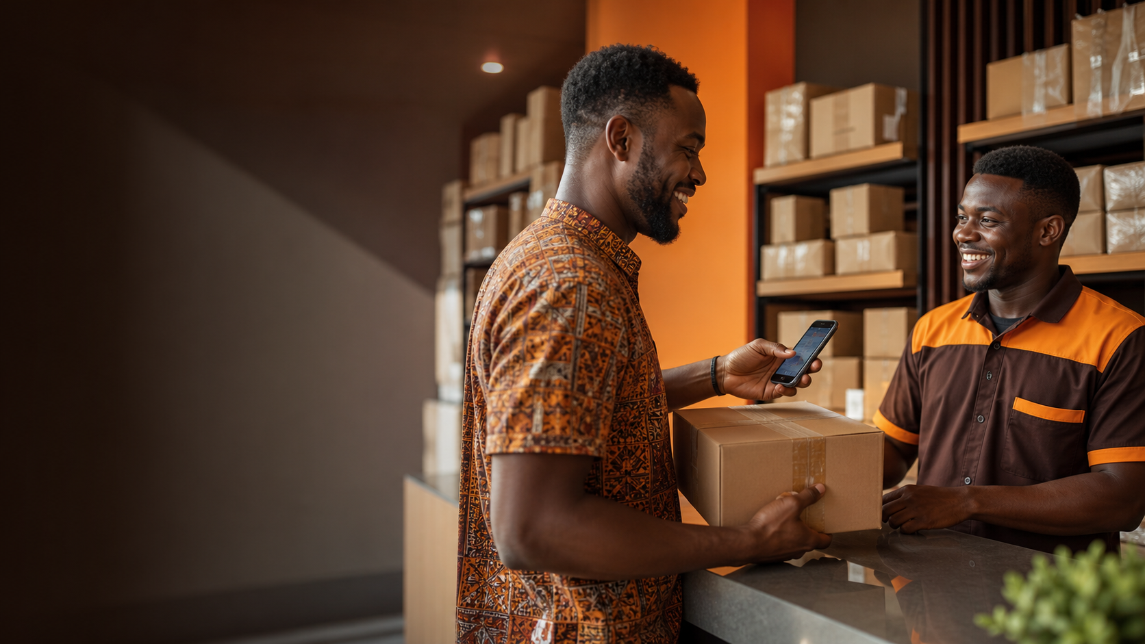 Client heureux récupérant son colis au point relais TUMA HUB